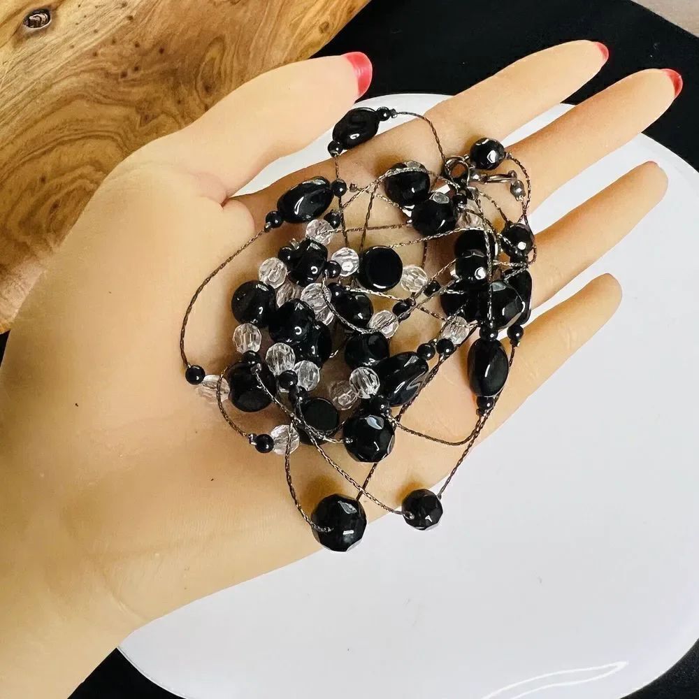 60” Vintage Necklace Black Clear Faceted Beads Silver Tone 1510